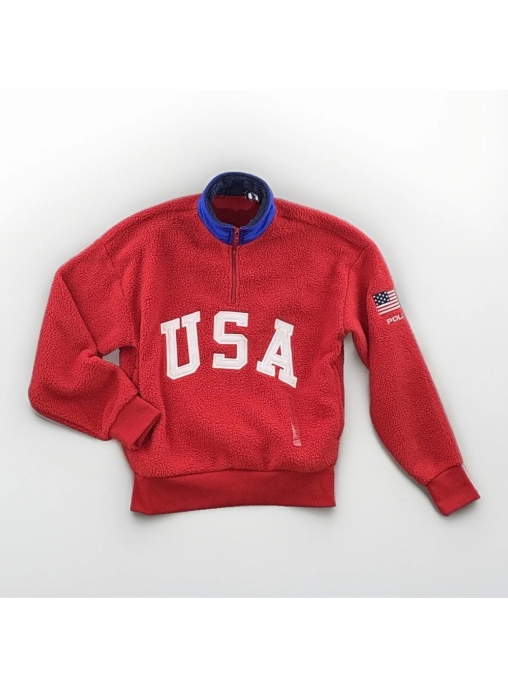 Polo Ralph Lauren Red USA FLAG Quarter Zip Pile Fuzzy Fleece Pullover medium